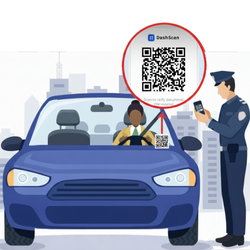 DashScan QR decal on a windshield being scanned by an officer